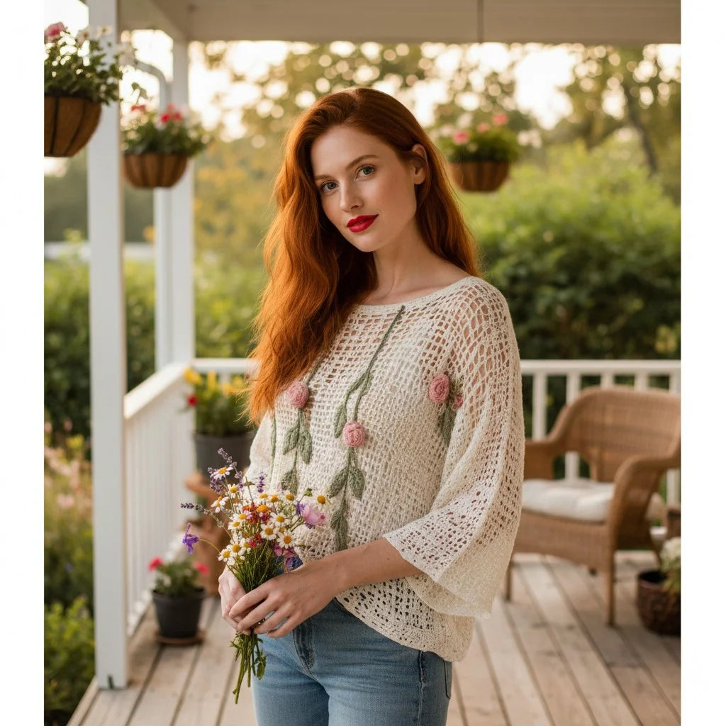 floral crochet knit sweater with rose detailing boho mesh pullover for women