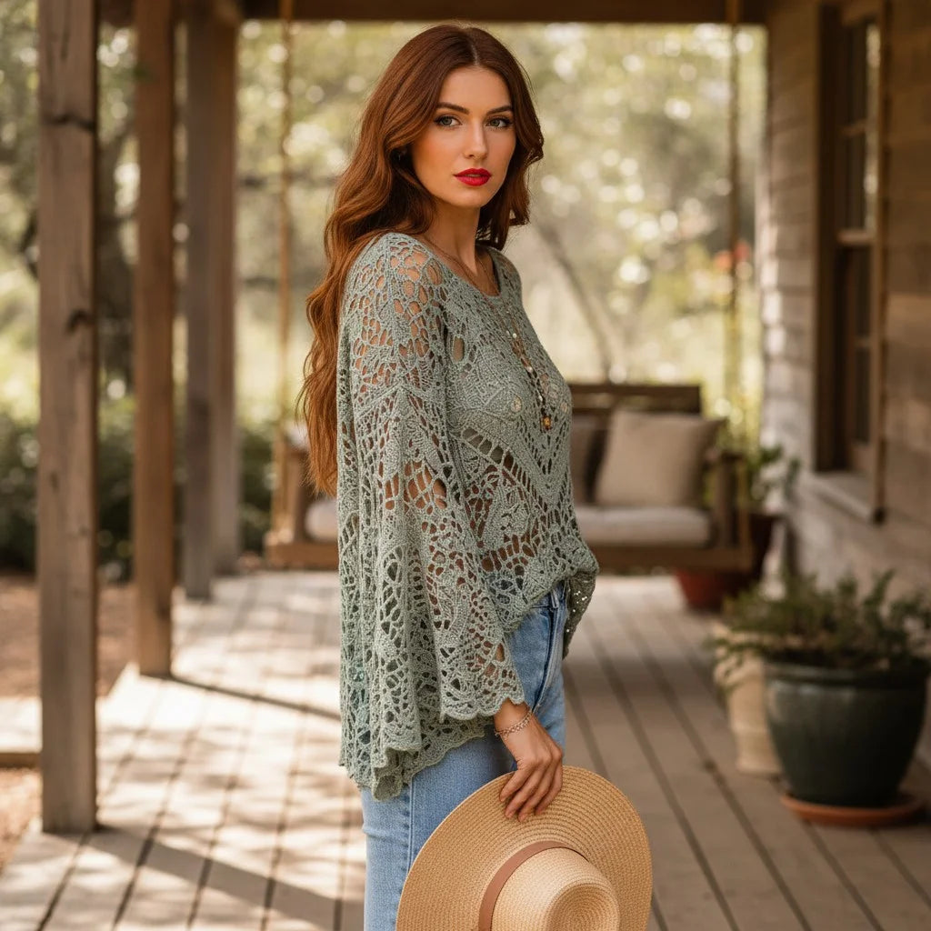 crochet lace sweater for women boho knit pullover with bell sleeves