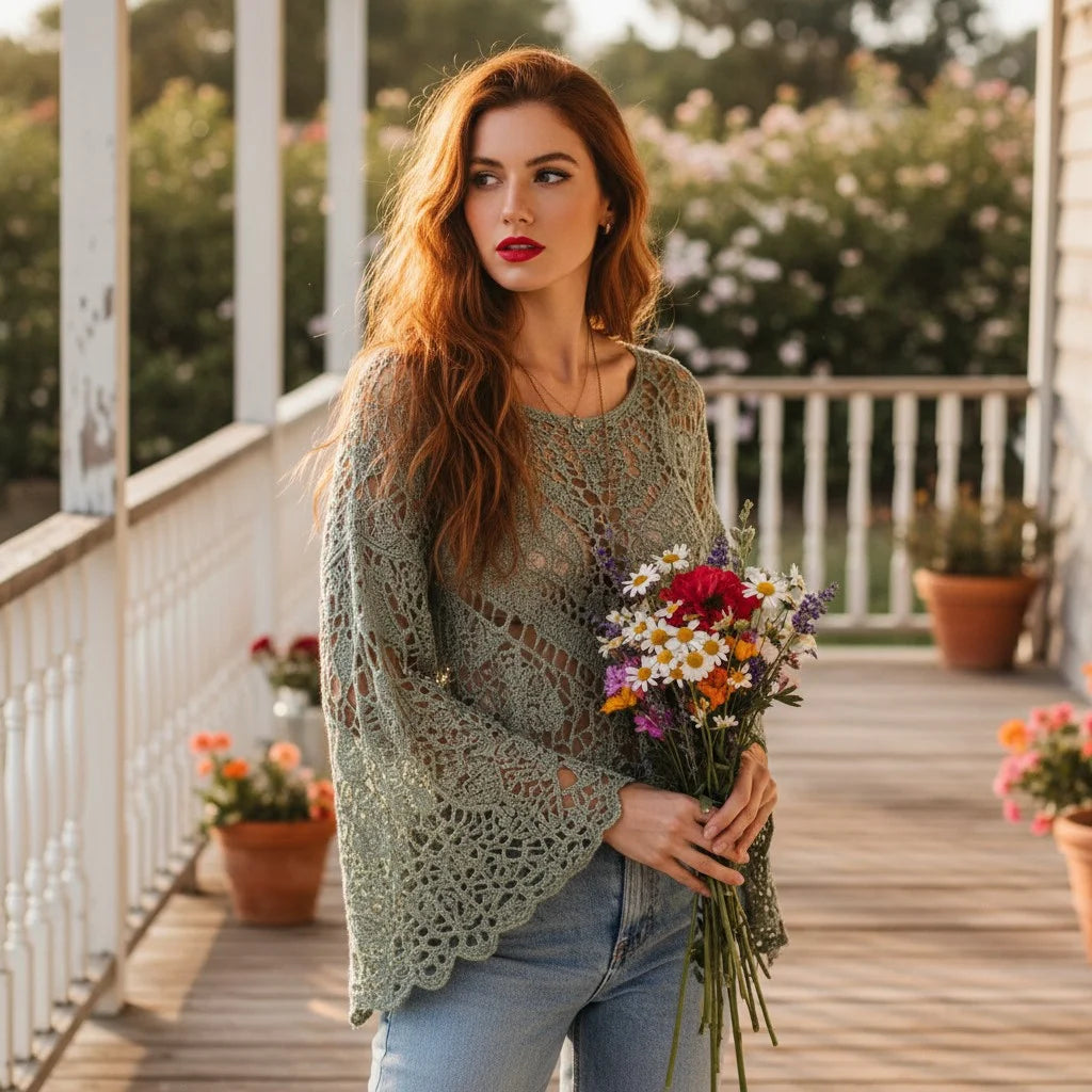 crochet lace sweater for women boho knit pullover with bell sleeves