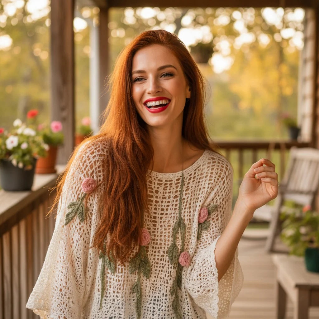 floral crochet knit sweater with rose detailing boho mesh pullover for women