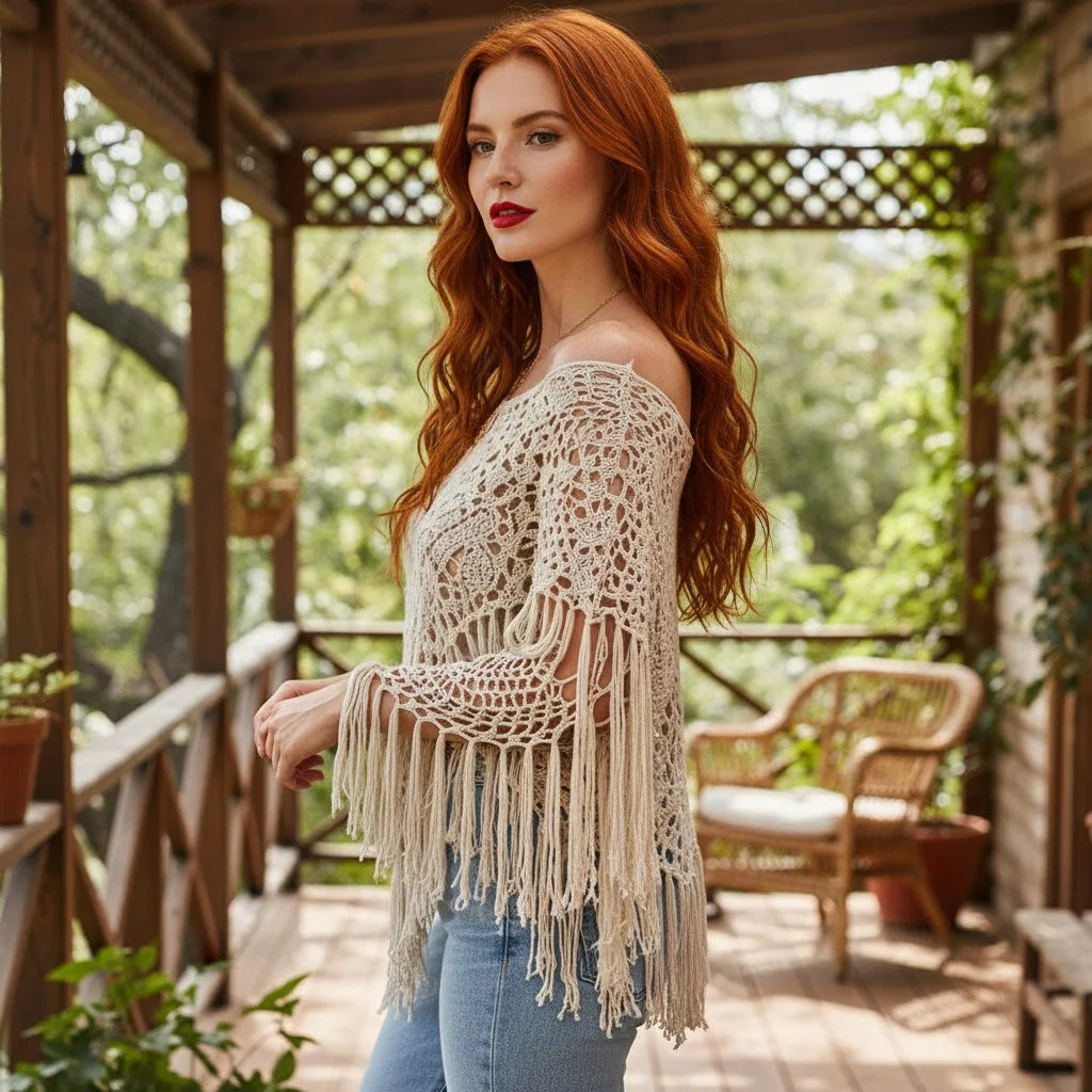 crochet fringe poncho for women boho knit cover up with openwork crochet design