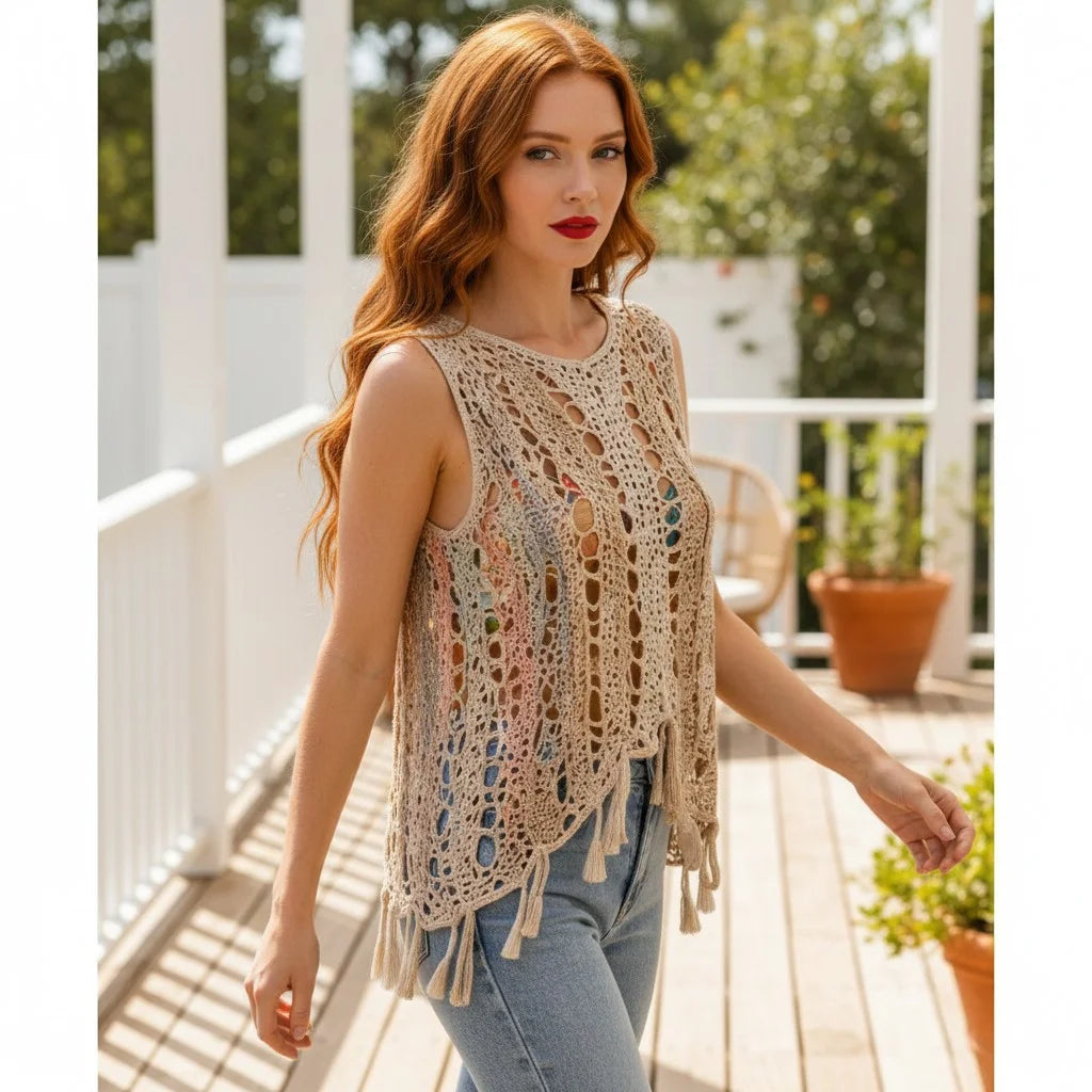 crochet tunic top for women boho knit sleeveless top with tassel details