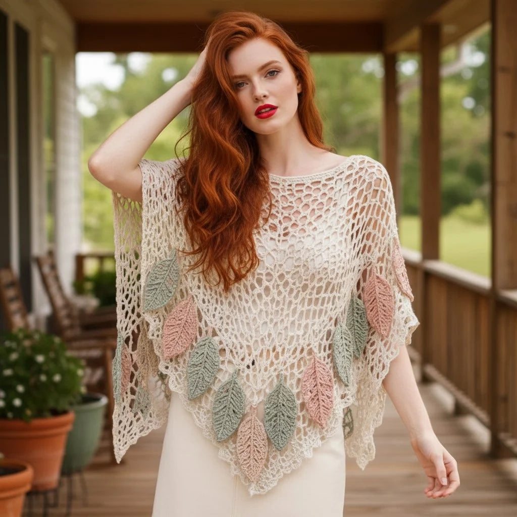 leaf crochet poncho top with botanical appliqué details boho crochet cape for women