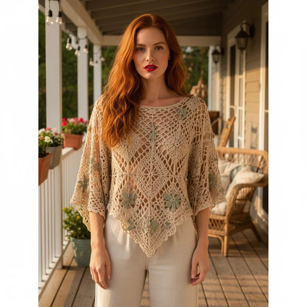crochet lace poncho top for women boho floral crochet cover up handmade blouse