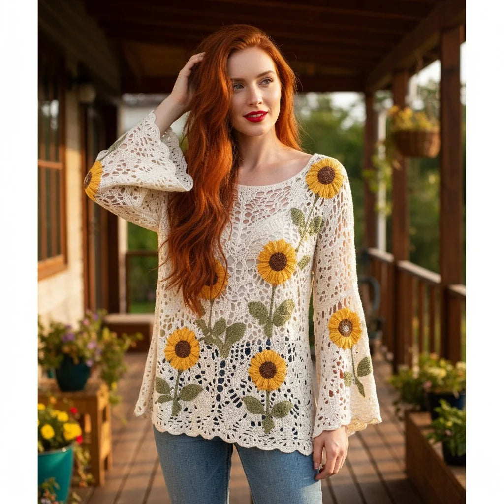 sunflower crochet sweater for women boho knit top with floral crochet detailing