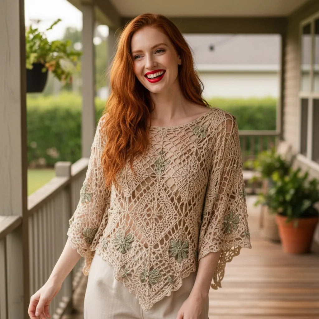crochet lace poncho top for women boho floral crochet cover up handmade blouse