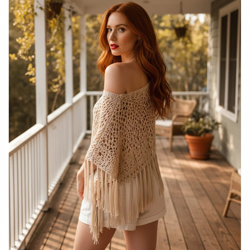crochet fringe poncho for women boho knit cover up with flowing tassels