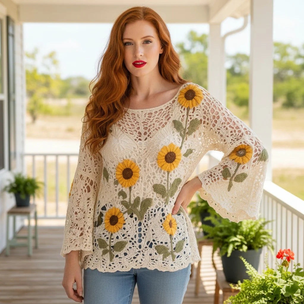 sunflower crochet sweater for women boho knit top with floral crochet detailing