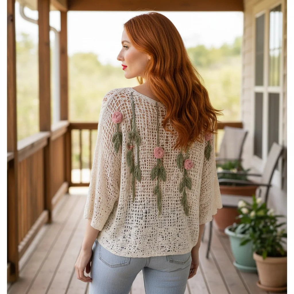 floral crochet knit sweater with rose detailing boho mesh pullover for women