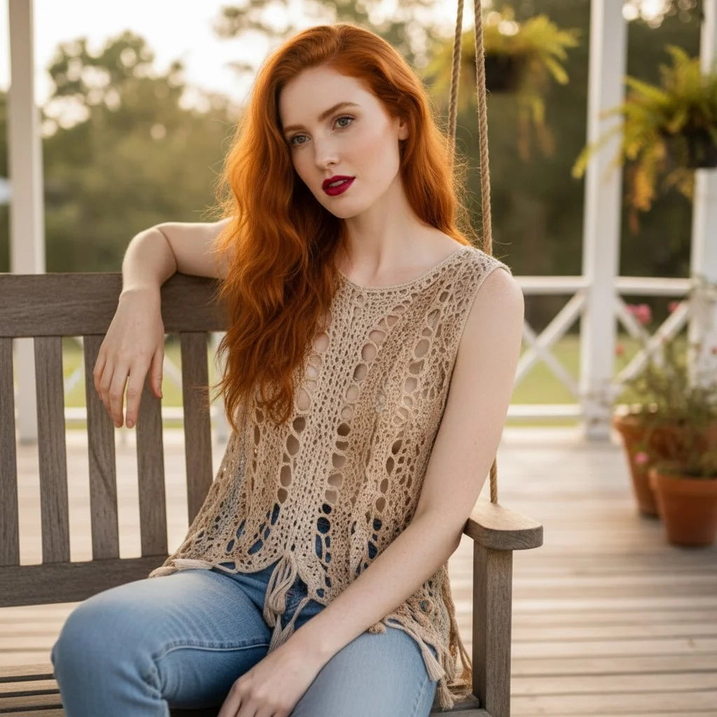 crochet tunic top for women boho knit sleeveless top with tassel details