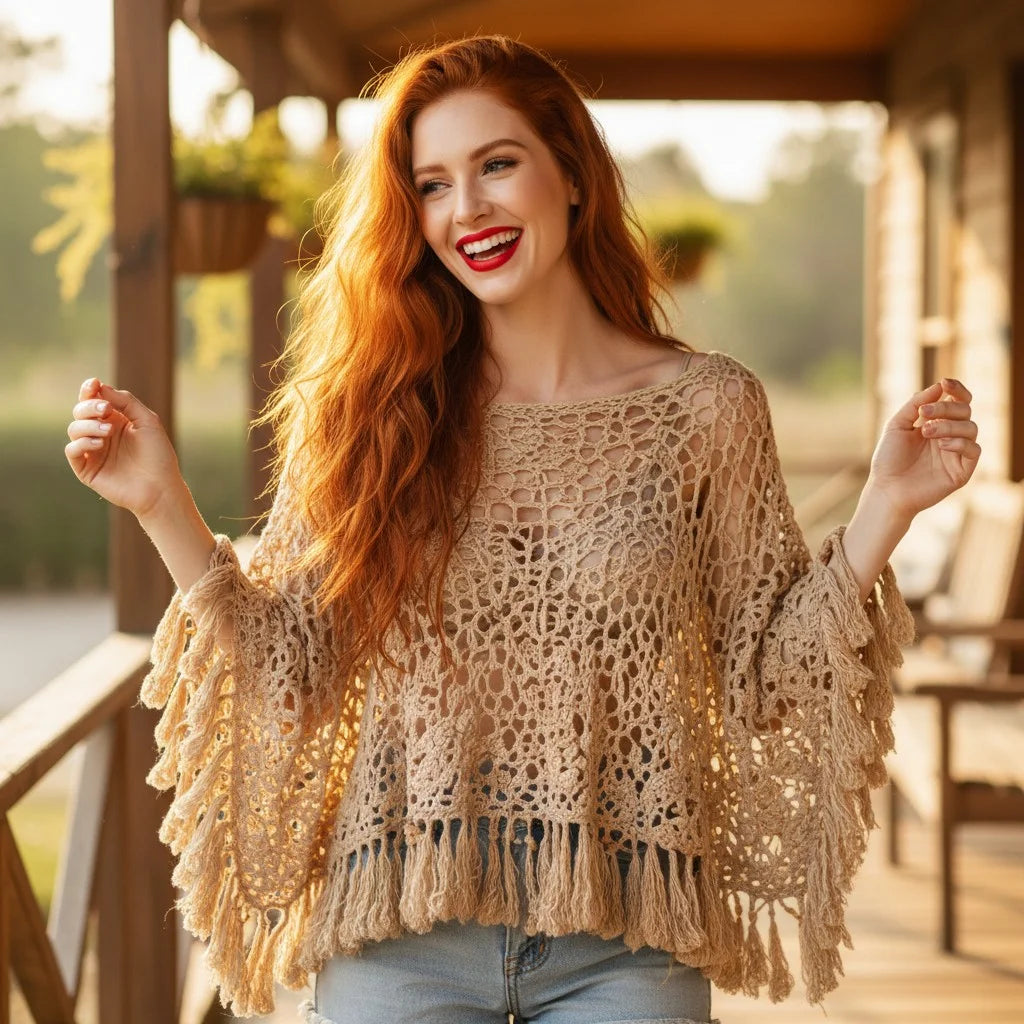 Boho Crochet Poncho for Women – Handmade Knit Cover Up