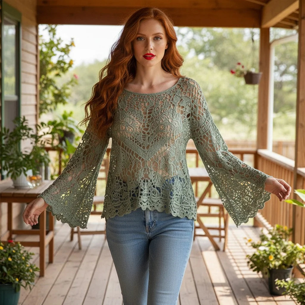 crochet lace sweater for women boho knit pullover with bell sleeves