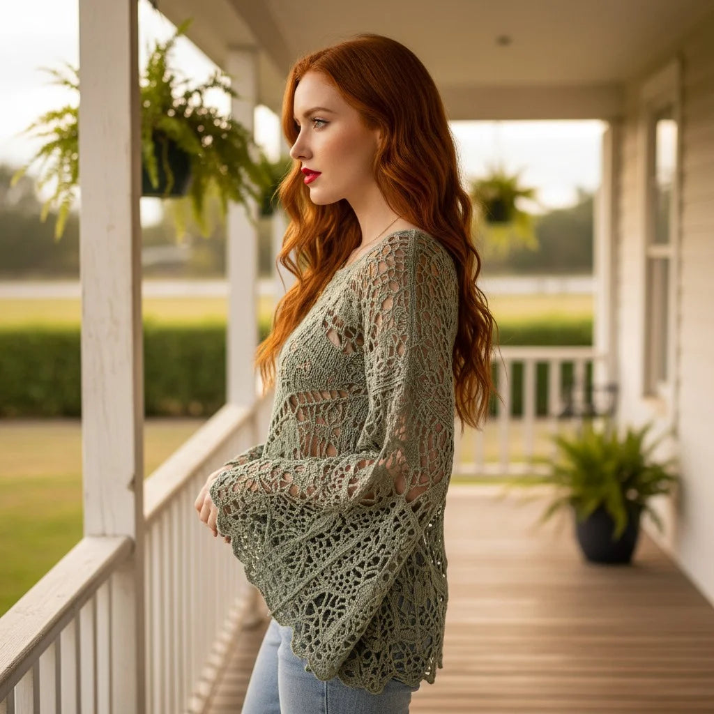 crochet lace sweater for women boho knit pullover with bell sleeves