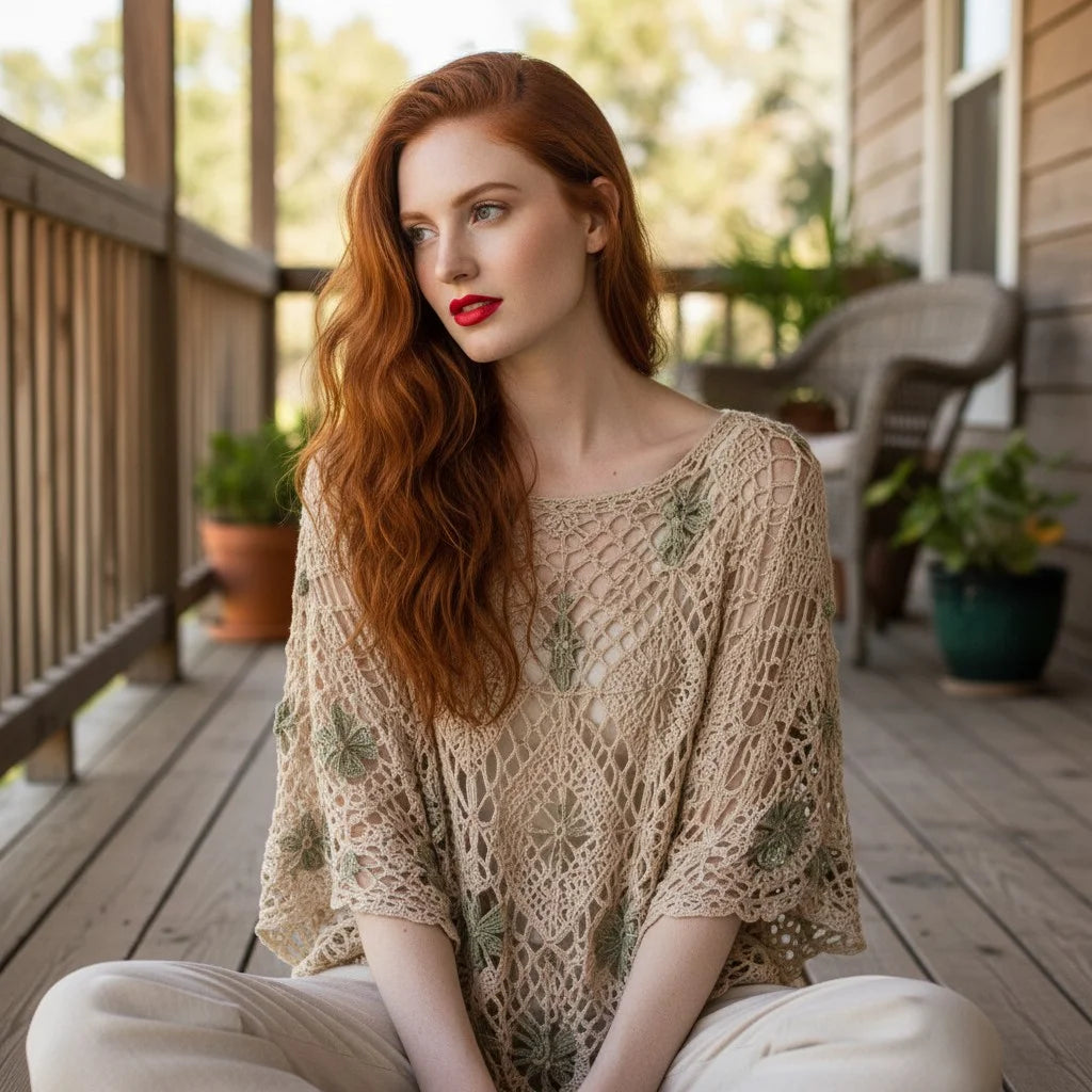 crochet lace poncho top for women boho floral crochet cover up handmade blouse