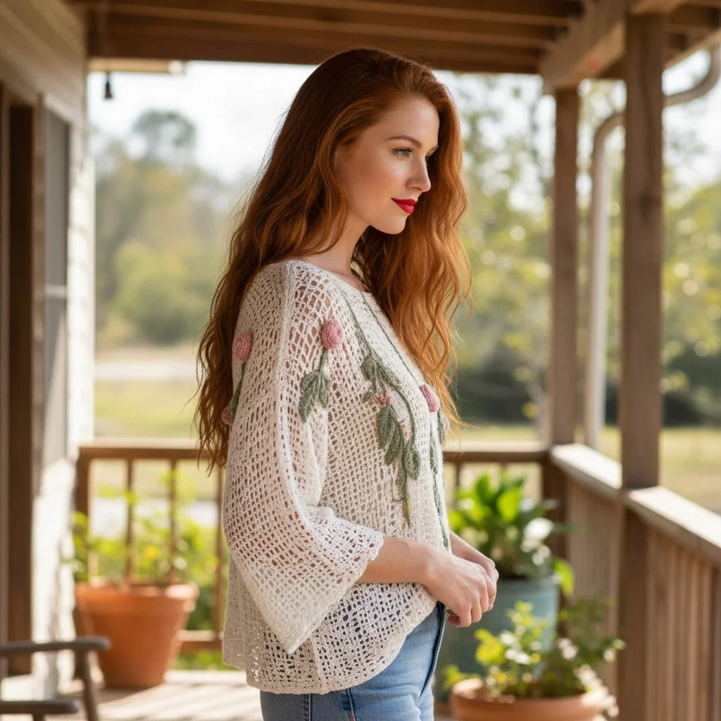 floral crochet knit sweater with rose detailing boho mesh pullover for women