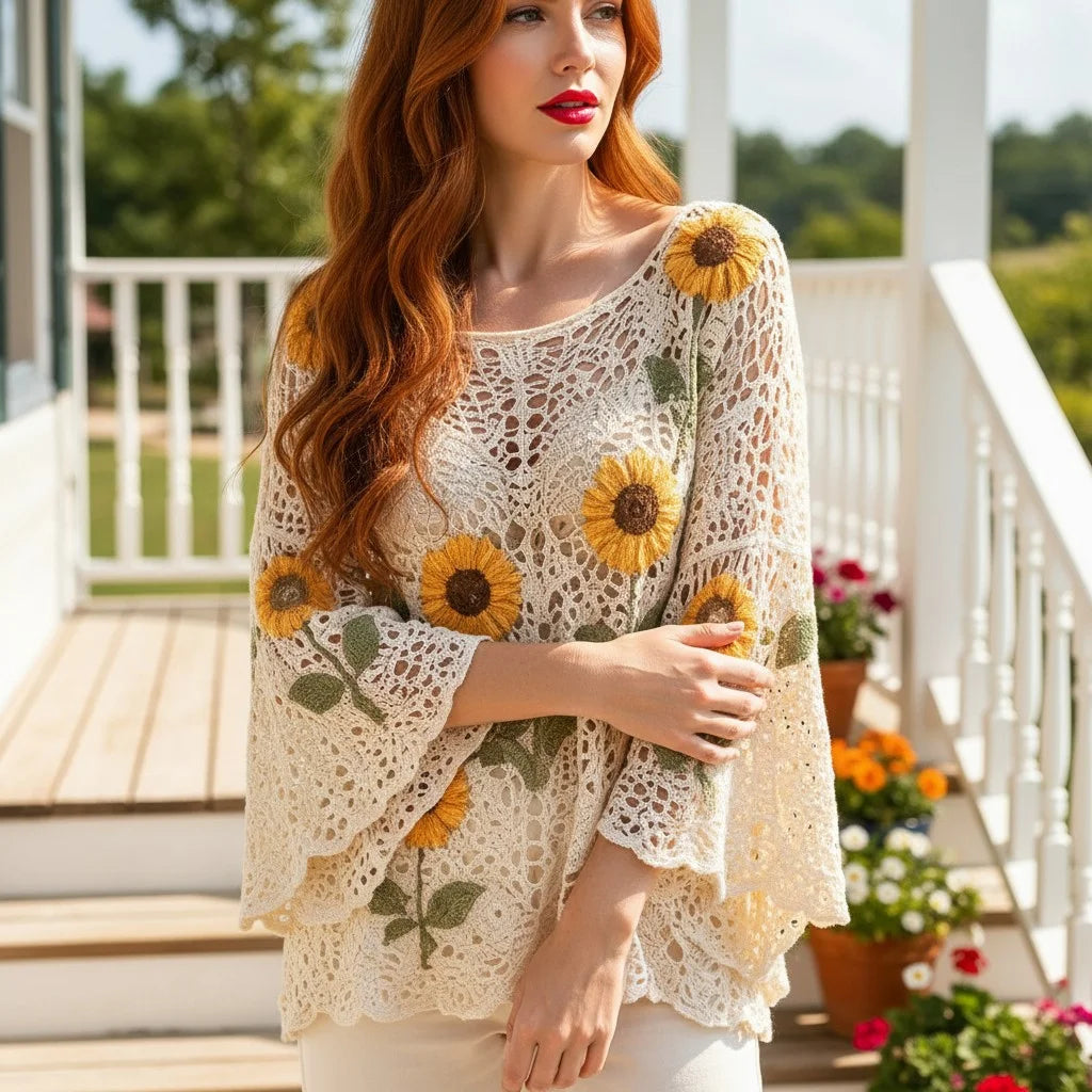 sunflower crochet sweater for women boho knit top with floral crochet detailing