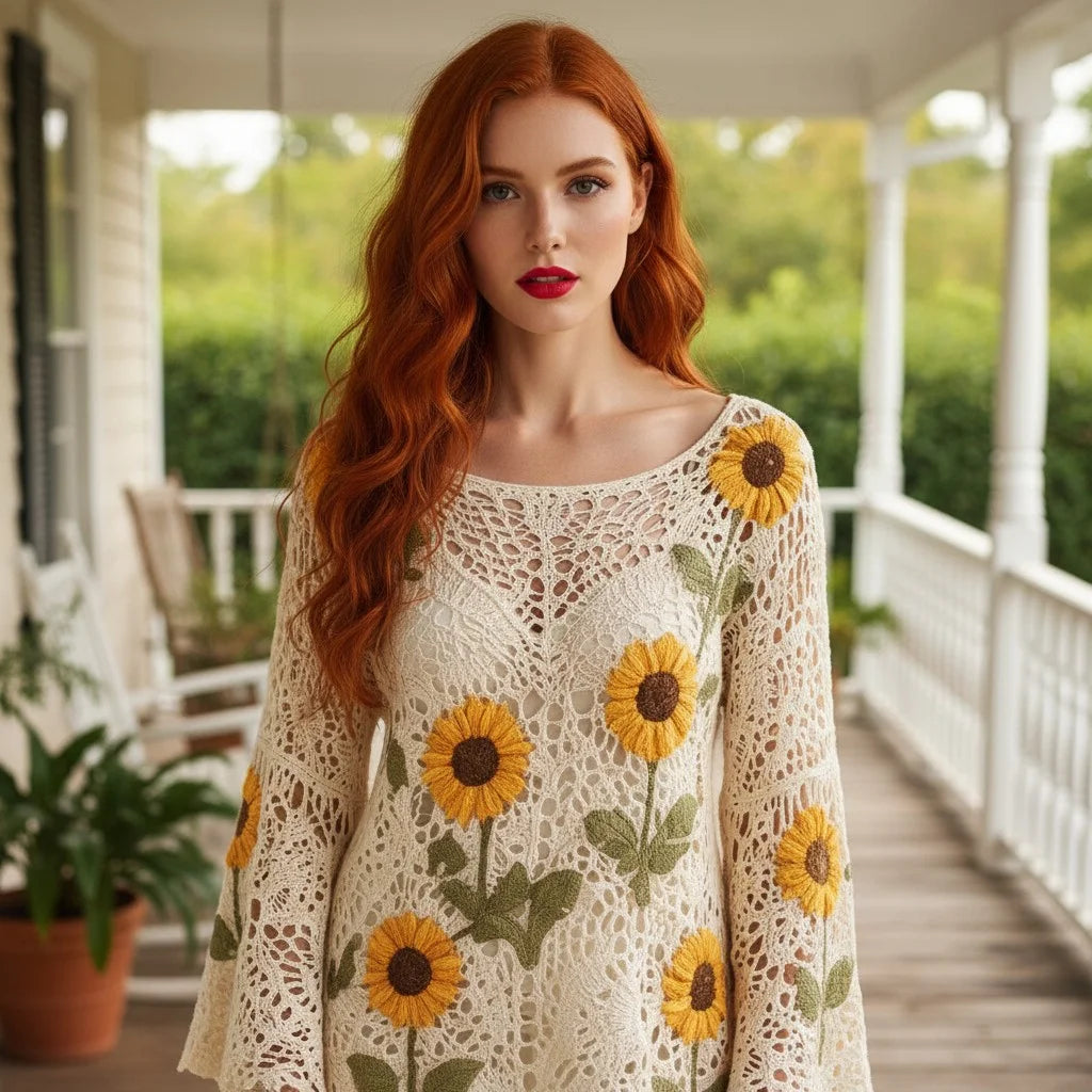 sunflower crochet sweater for women boho knit top with floral crochet detailing