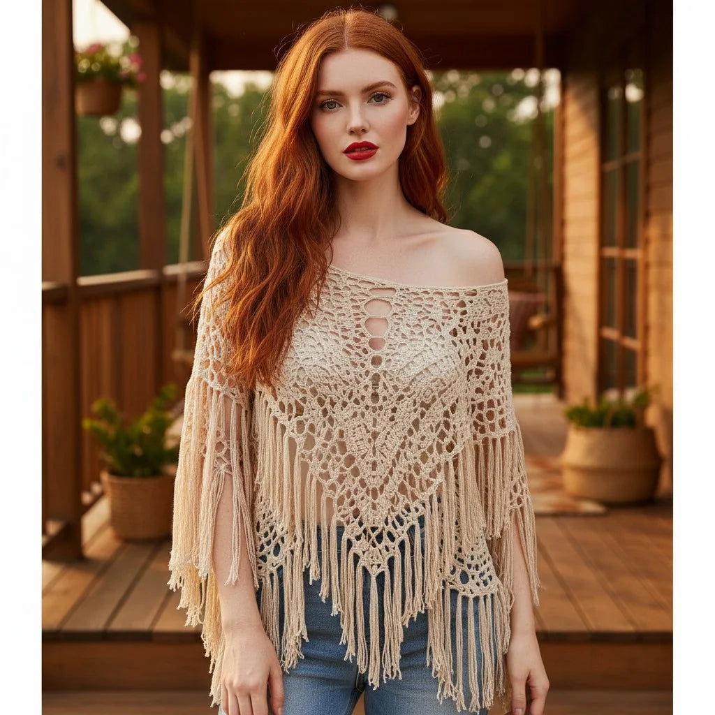 crochet fringe poncho for women boho knit cover up with openwork crochet design