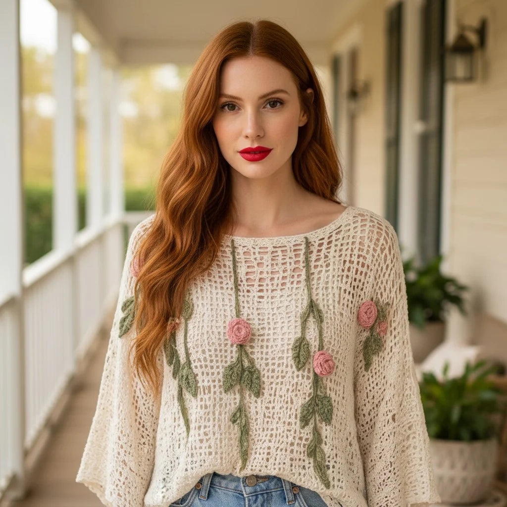 floral crochet knit sweater with rose detailing boho mesh pullover for women