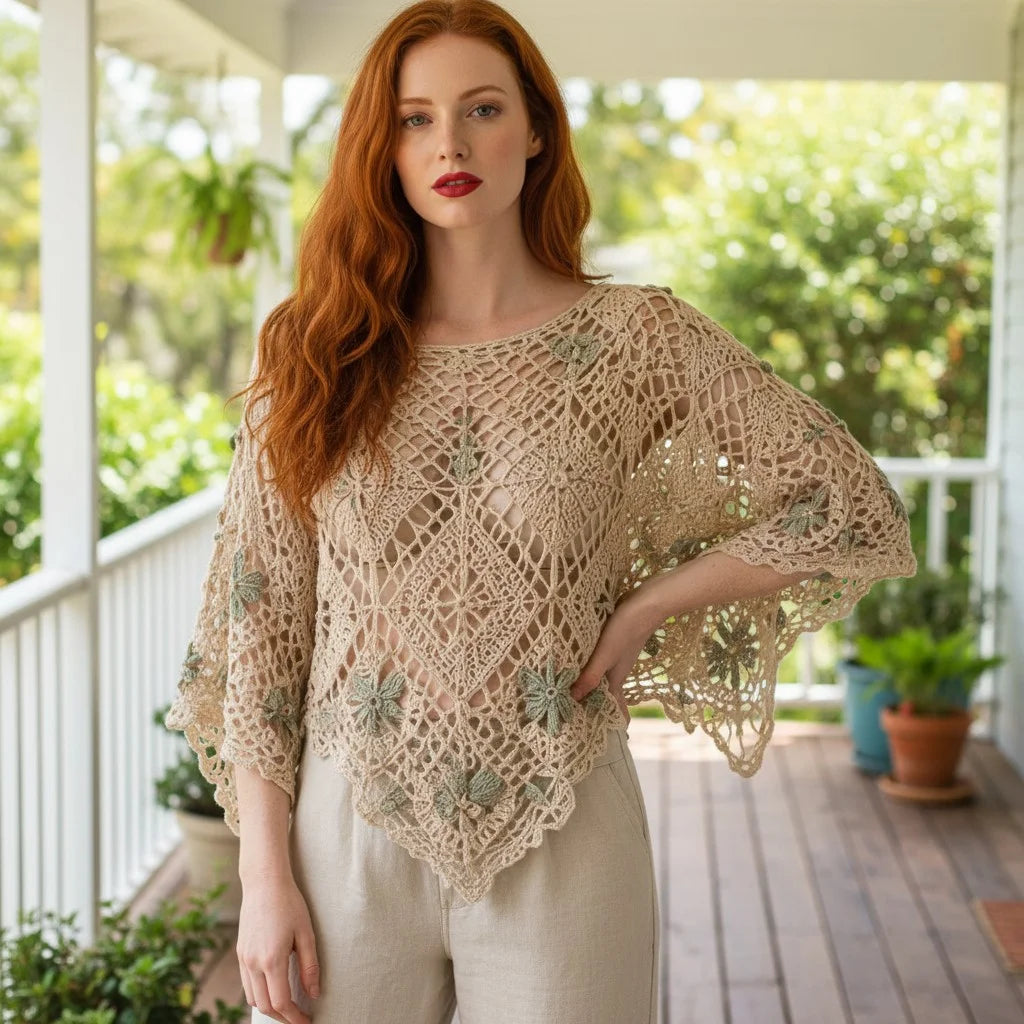 crochet lace poncho top for women boho floral crochet cover up handmade blouse