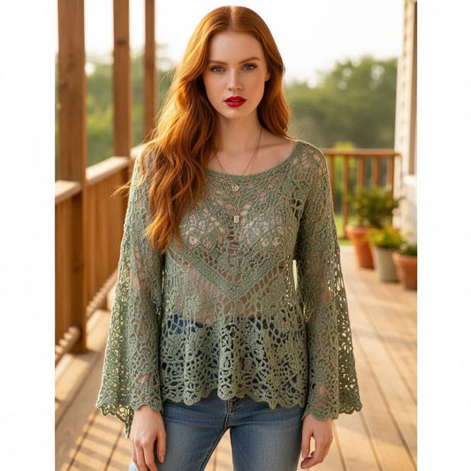 crochet lace sweater for women boho knit pullover with bell sleeves