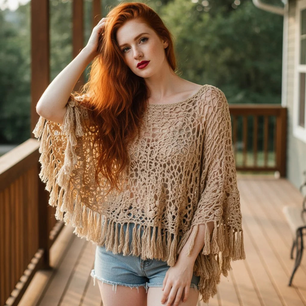 Boho Crochet Poncho for Women – Handmade Knit Cover Up