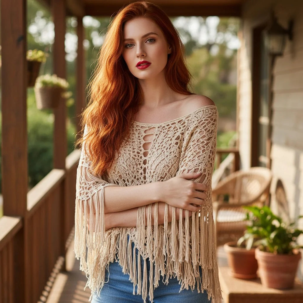 crochet fringe poncho for women boho knit cover up with openwork crochet design
