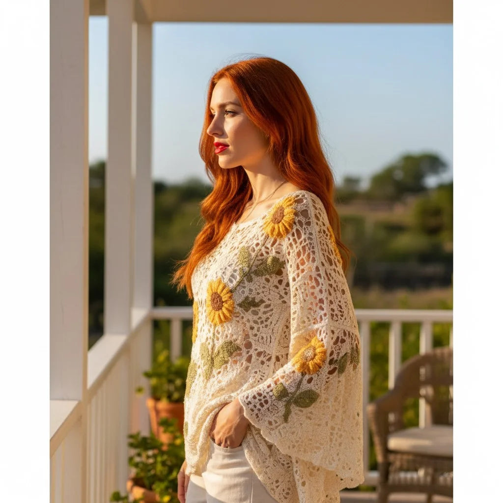 sunflower crochet sweater for women boho knit top with floral crochet detailing