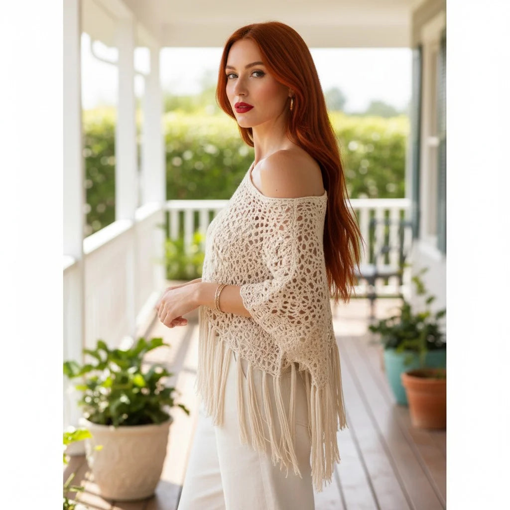 crochet fringe poncho for women boho knit cover up with flowing tassels