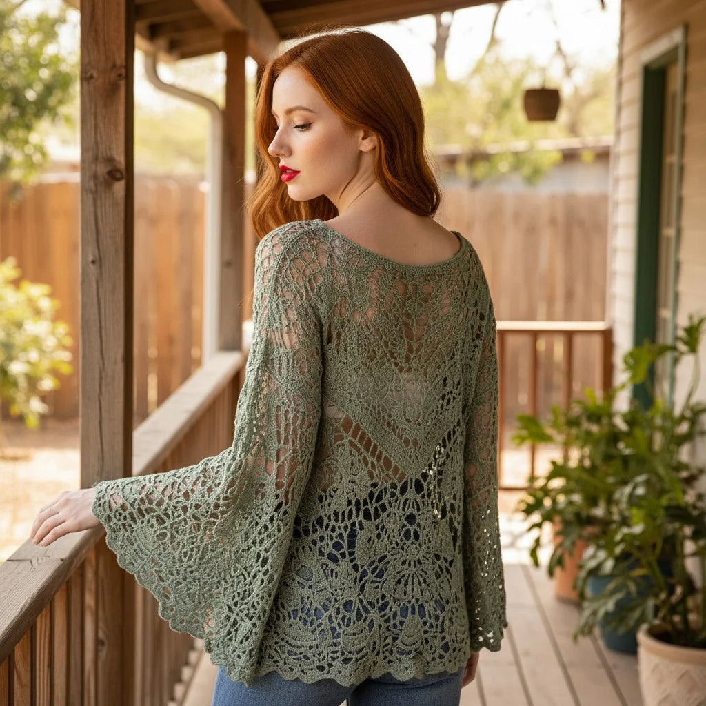 crochet lace sweater for women boho knit pullover with bell sleeves