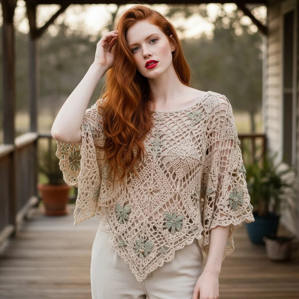 crochet lace poncho top for women boho floral crochet cover up handmade blouse