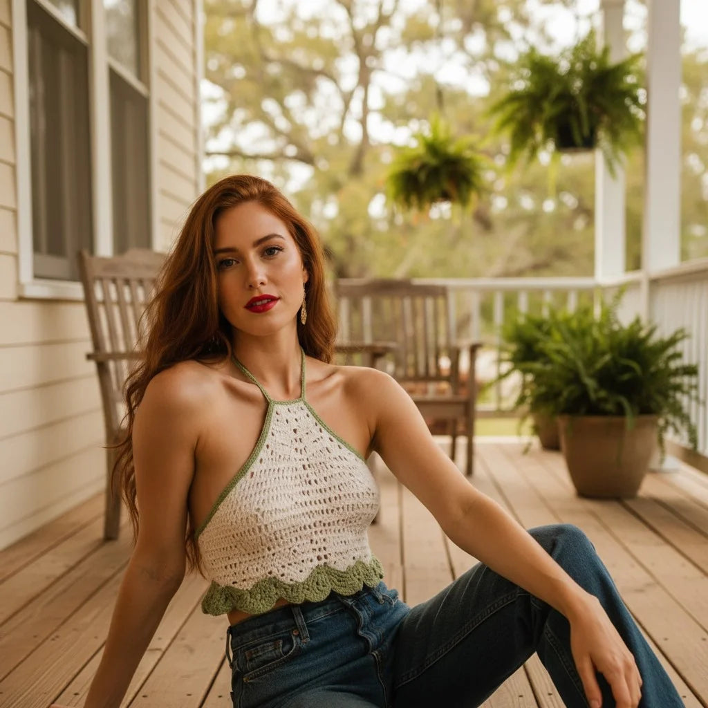 cream crochet halter top handmade boho scallop crop top