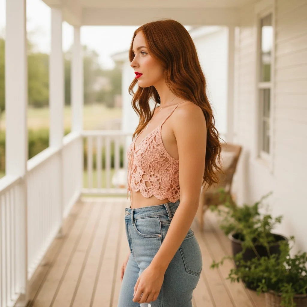pink crochet butterfly top handmade boho lace crop cami
