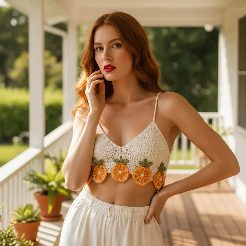 orange crochet crop top handmade fruit boho summer cami