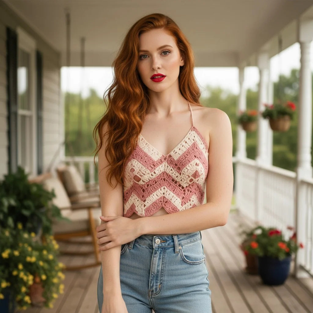pink chevron crochet crop top handmade boho summer cami