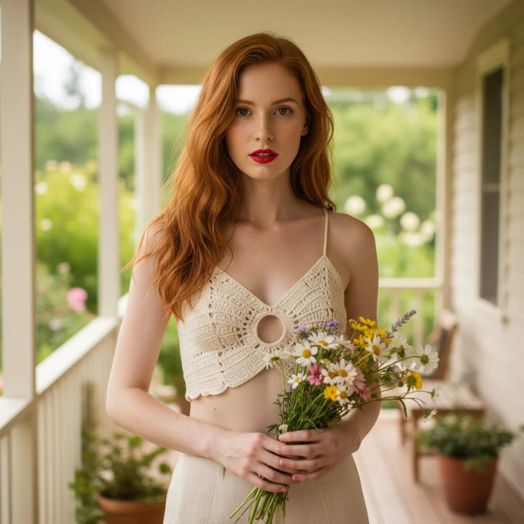 cream crochet crop top boho ring front handmade bralette