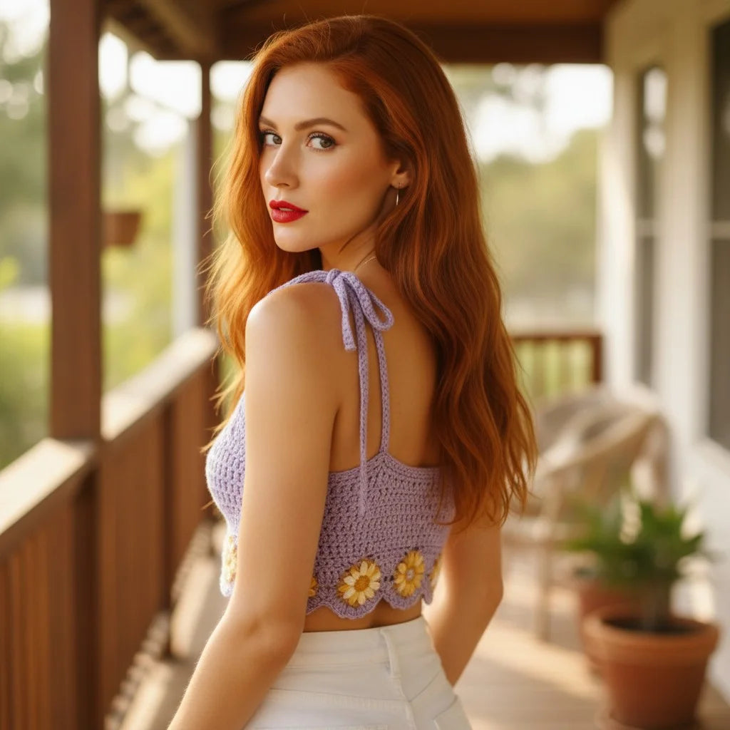 purple crochet crop top floral handmade boho cami top