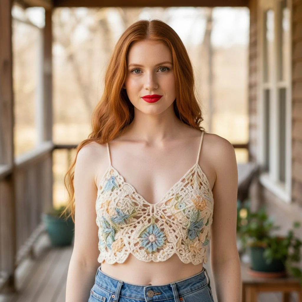 floral crochet crop top handmade boho butterfly lace cami