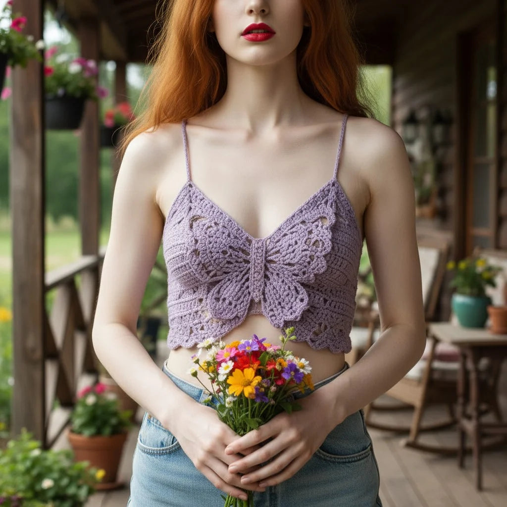 butterfly crochet crop top purple handmade boho cami