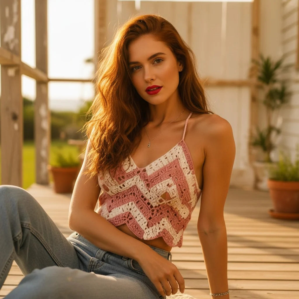 pink chevron crochet crop top handmade boho summer cami