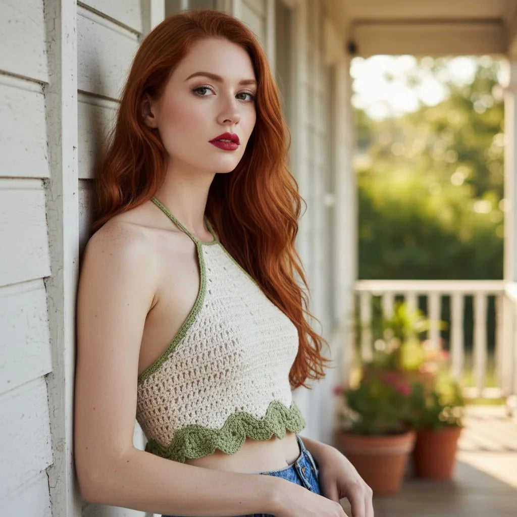 cream crochet halter top handmade boho scallop crop top
