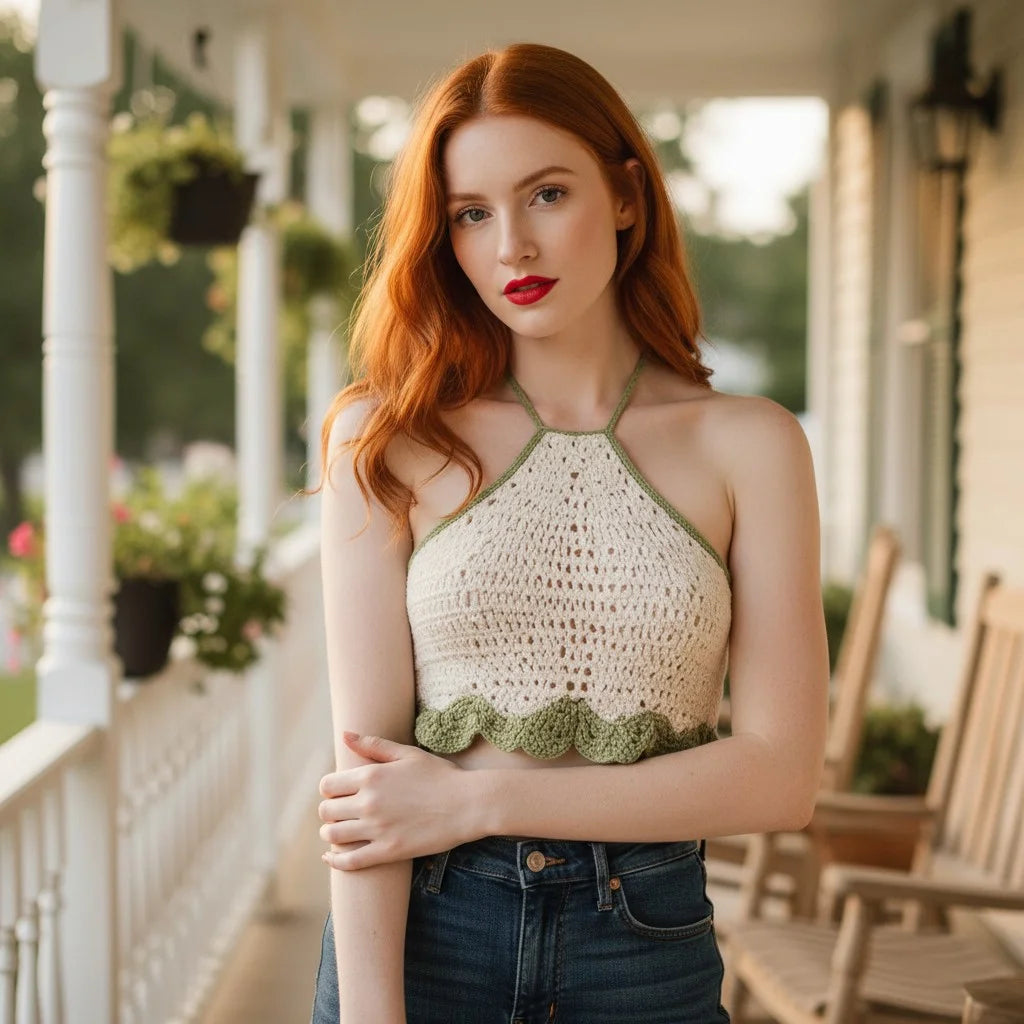 cream crochet halter top handmade boho scallop crop top