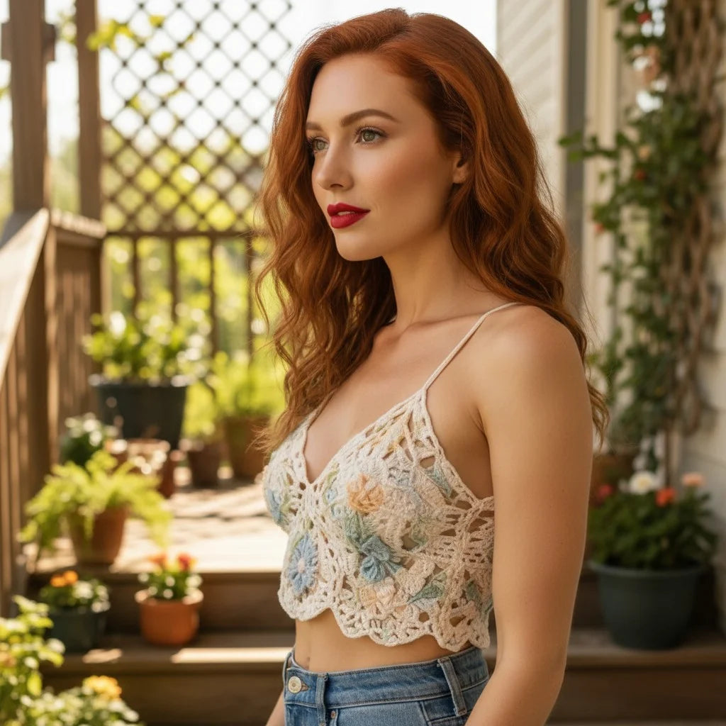 floral crochet crop top handmade boho butterfly lace cami
