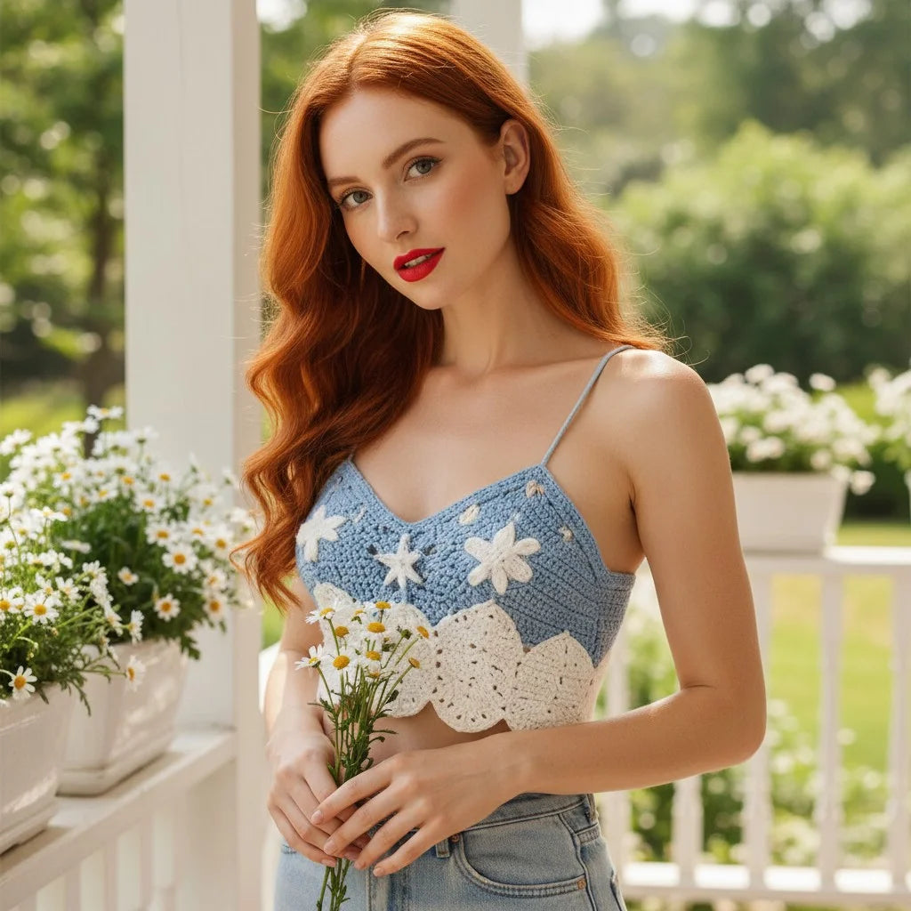 blue crochet crop top handmade butterfly boho cami top