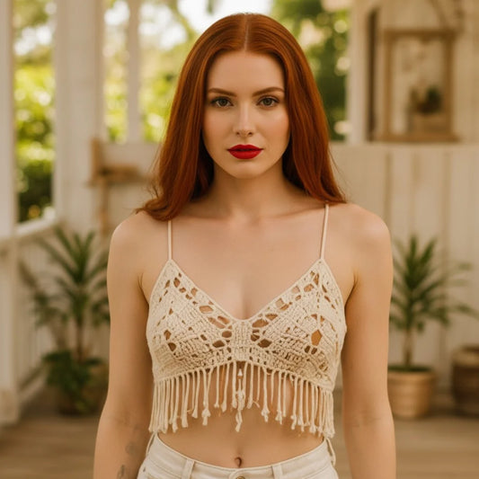 cream crochet fringe top handmade boho festival cami