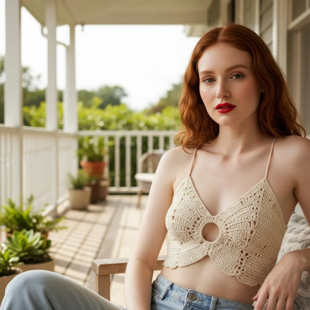 cream crochet crop top boho ring front handmade bralette