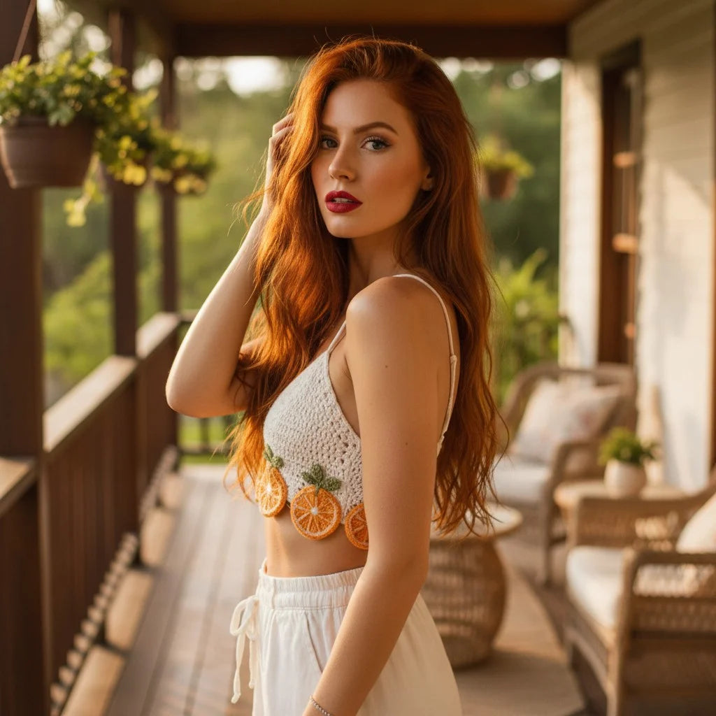 orange crochet crop top handmade fruit boho summer cami
