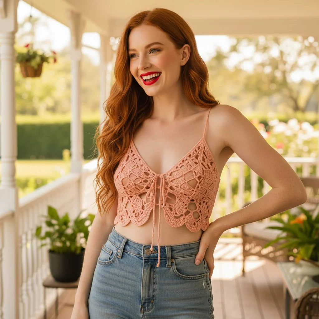 pink crochet butterfly top handmade boho lace crop cami