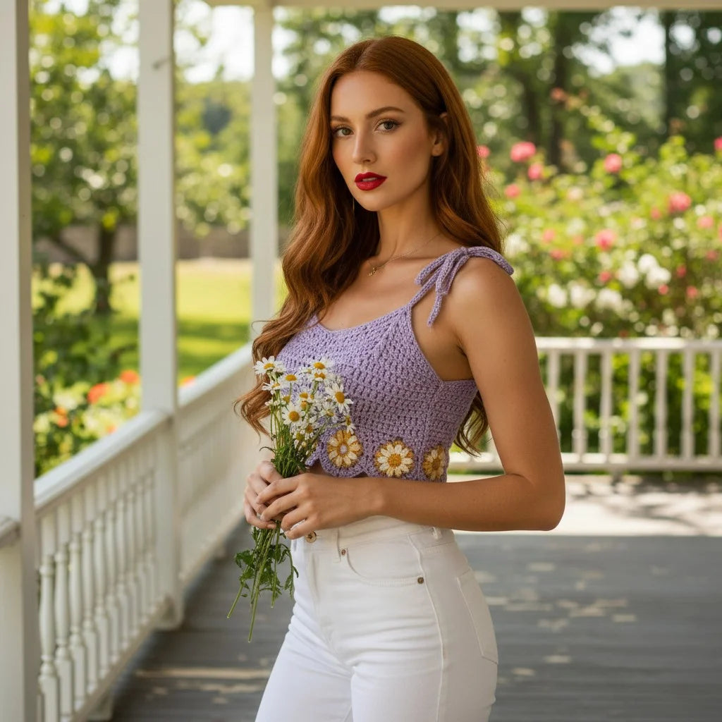 purple crochet crop top floral handmade boho cami top