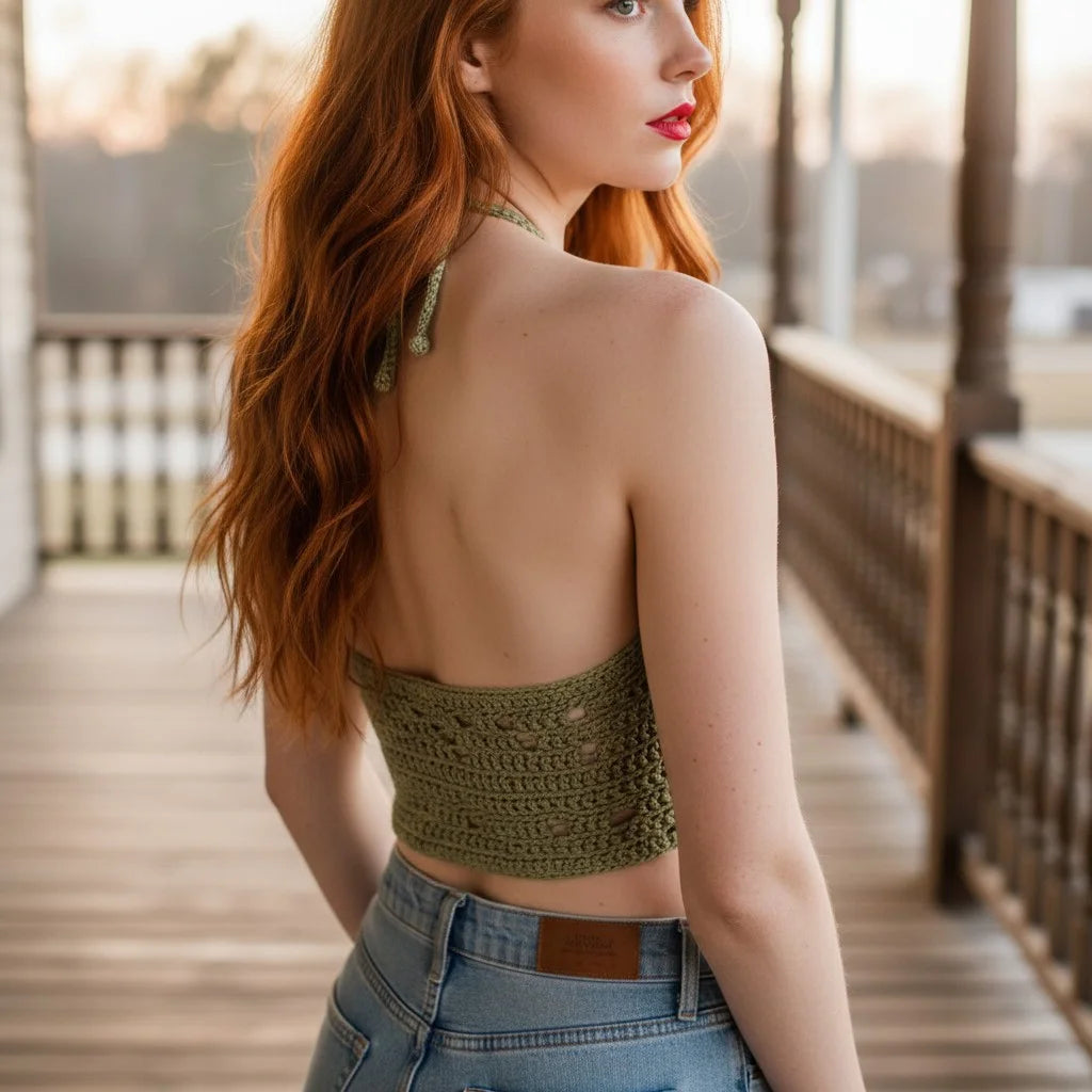 olive green crochet halter top handmade boho crop top